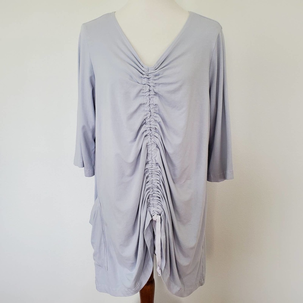 Bryn Walker Tunic Top Gathered Drawstring Pockets Medium Light Blue Lagenlook